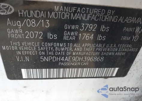 2013 Hyundai Elantra Gls из США, поврежденный, VIN 5NPDH4AE9DH396868